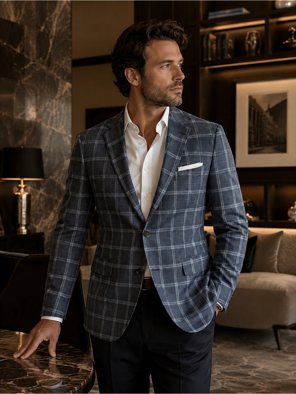 Anthony Paulo Oliveira Linen Blend Windowpane Blazer Sport Coat Size 44 Academia